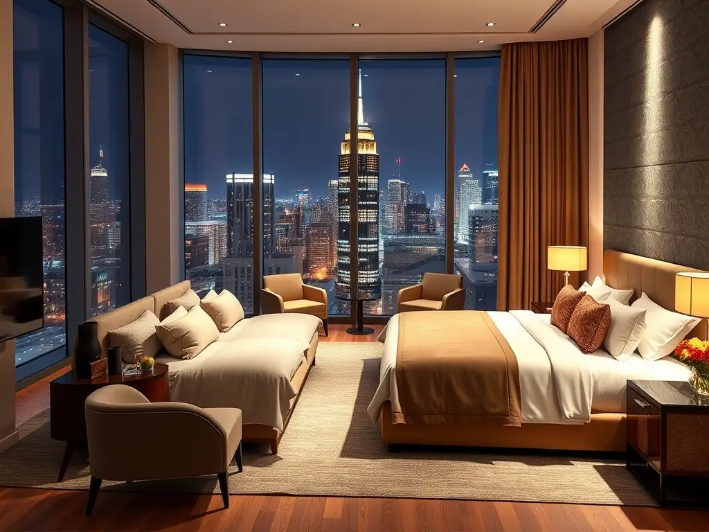 A luxurious hotel suite with floor-to-ceiling windows overlooking a vibrant cityscape at night, showcasing the hotel's prime location and upscale ambiance.