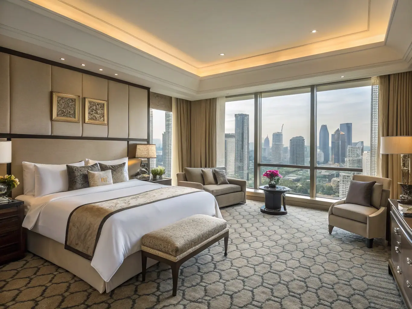 A luxurious hotel suite with a king-size bed, plush bedding, and a view of the city skyline at night. The room is elegantly decorated with modern furniture and soft lighting, creating a relaxing and inviting atmosphere.