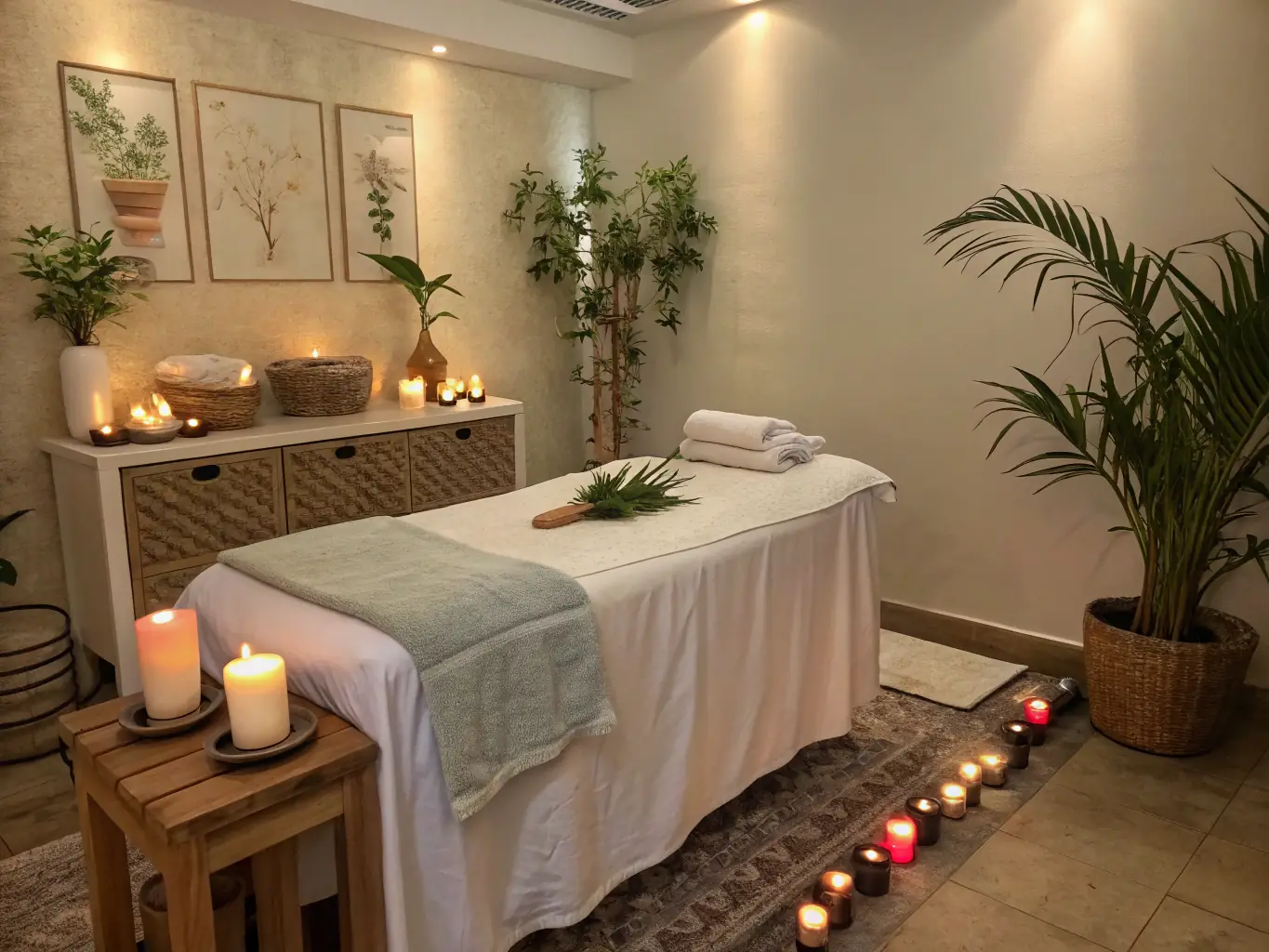 A serene spa setting within a hotel, featuring a massage table, soft lighting, and calming decor, highlighting the hotel's wellness offerings.