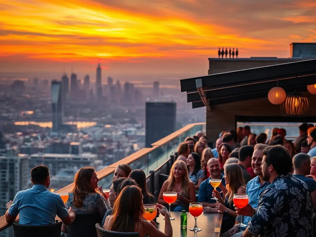 A vibrant rooftop bar scene at night, featuring stylish seating, city views, and people enjoying cocktails, highlighting the nightlife experience.