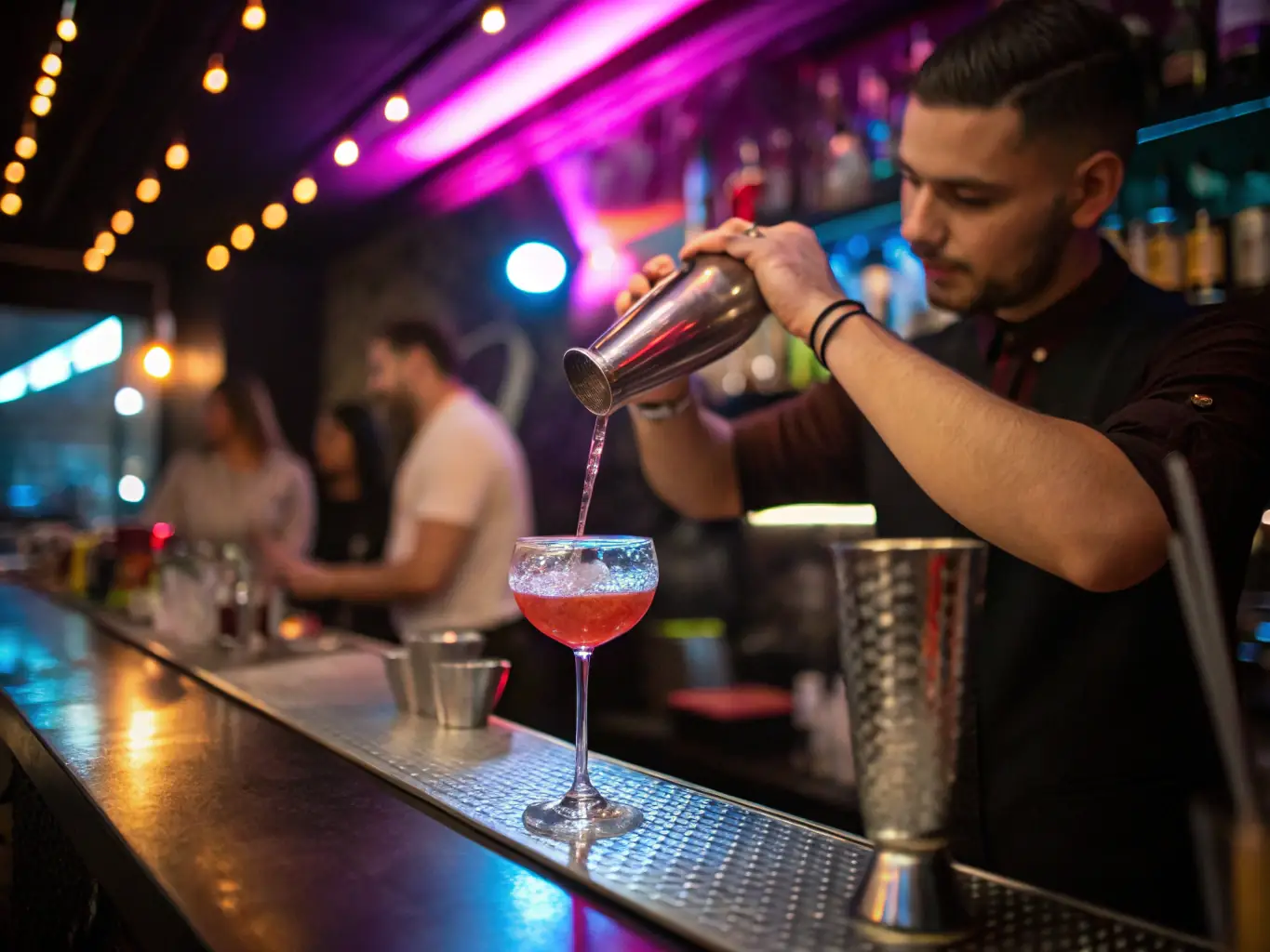A bartender in a stylish casino lounge mixing a cocktail, with a backdrop of illuminated bottles and a lively atmosphere.