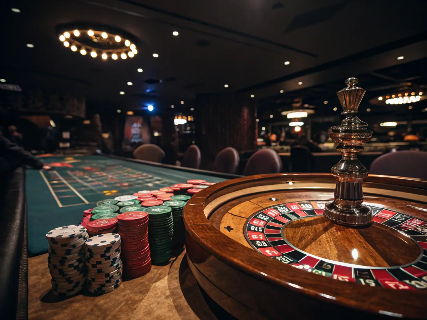 A high-angle shot of a roulette table in a luxurious casino lounge, with chips and cards scattered around, and blurred figures of players in the background.