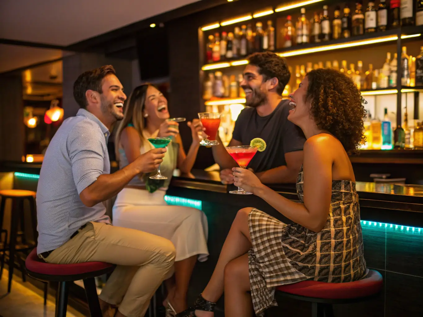 A group of friends enjoying cocktails in a stylish hotel lounge with neon lighting and a lively atmosphere, representing the VIP Night package.