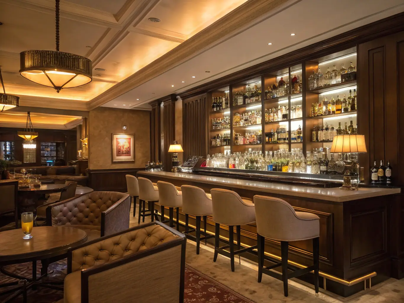 A stylish hotel bar with a lively atmosphere, featuring bartenders crafting cocktails, comfortable seating, and subtle casino-themed decor, emphasizing the hotel's nightlife.