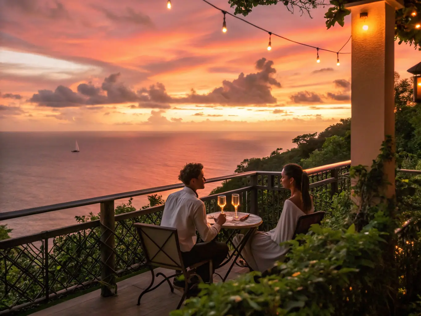 A couple enjoying a romantic dinner on a private balcony overlooking a city skyline at sunset, representing the Weekend Escape package.