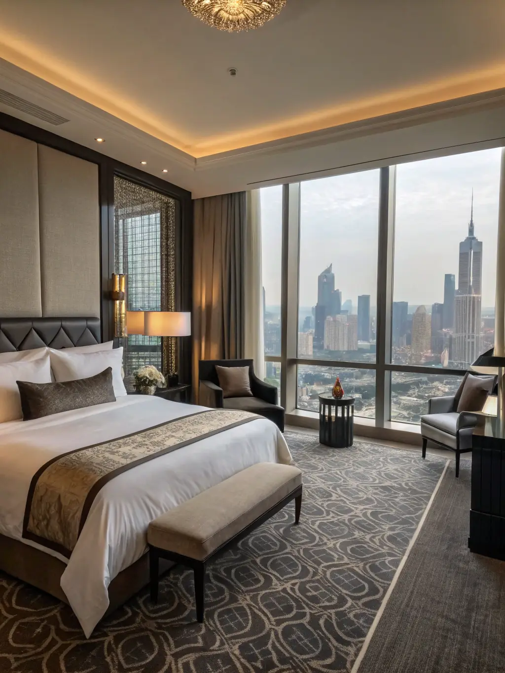 A modern hotel room with floor-to-ceiling windows offering a stunning view of the city skyline at night. The room is elegantly furnished with a king-size bed and a seating area.