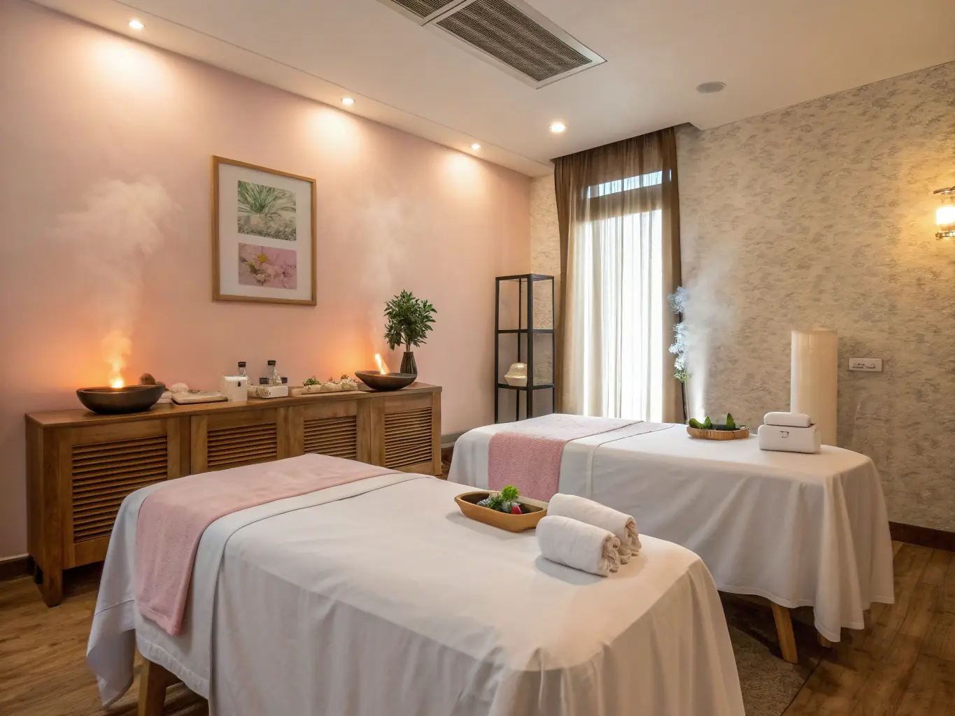 A serene spa setting with soft lighting, plush towels, and aromatherapy diffusers, representing the Spa & Stay package.