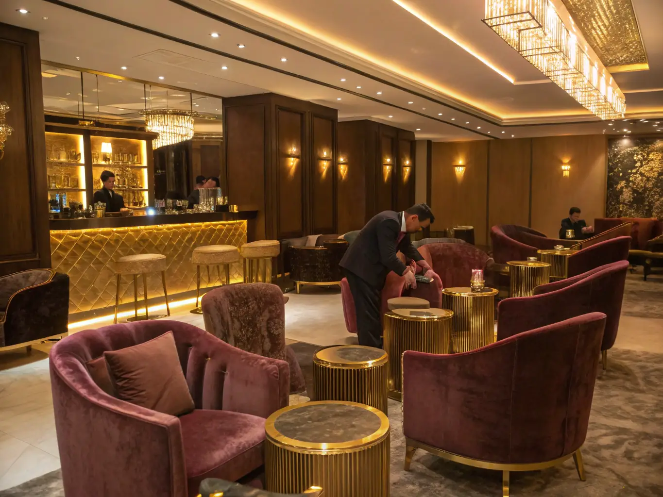 An exclusive VIP area in a casino lounge, with plush seating, private gaming tables, and dedicated staff attending to guests.