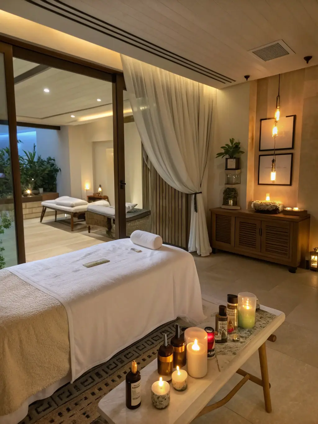A serene spa setting with soft lighting, plush towels, and a massage table. A woman is relaxing while receiving a massage from a skilled therapist.