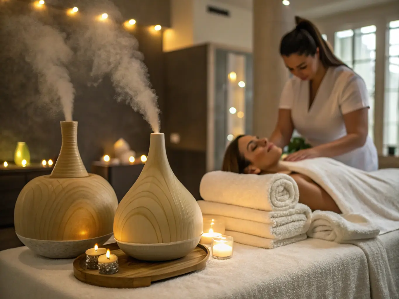 A serene spa environment with soft lighting, plush towels, and a massage therapist attending to a guest, conveying relaxation and wellness.